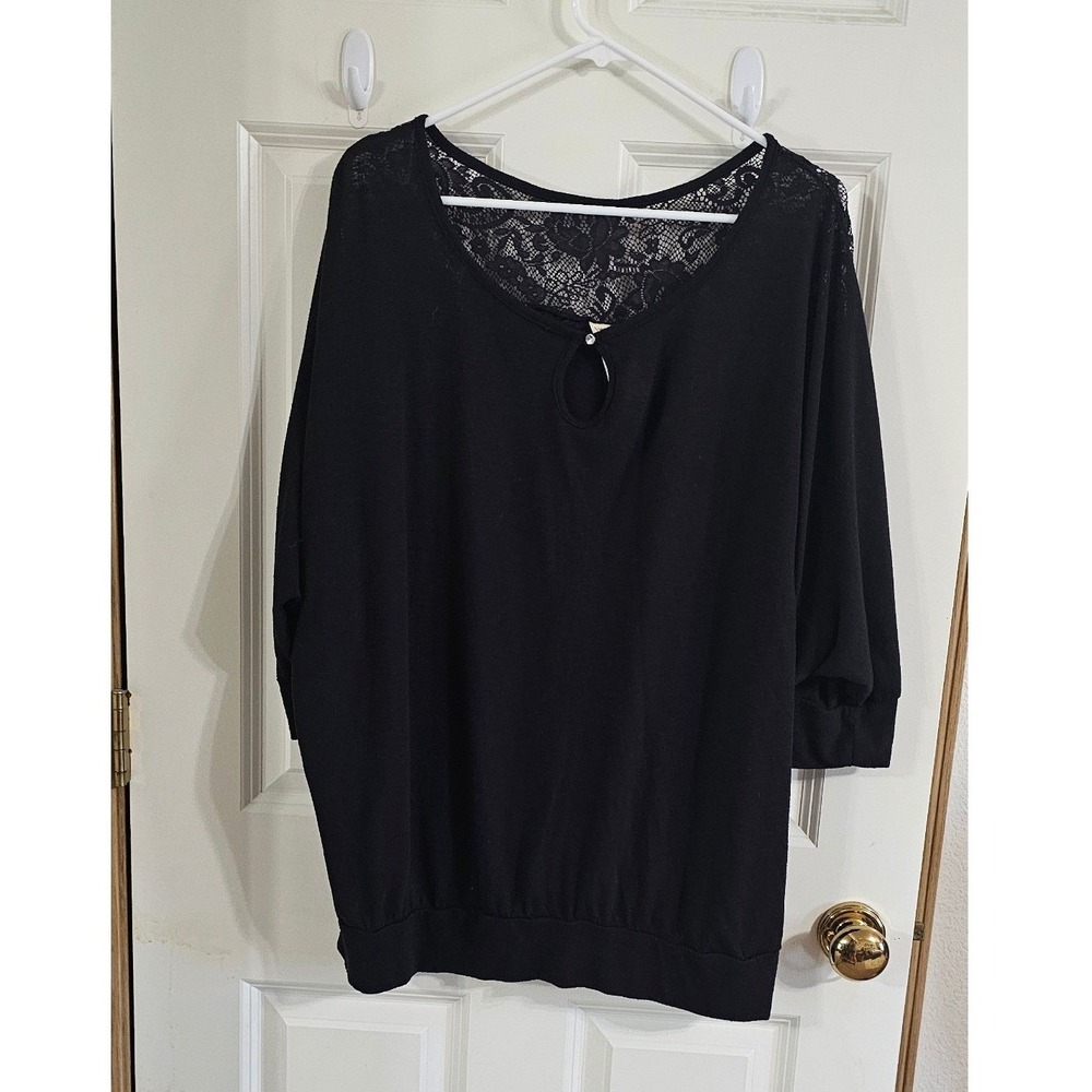Faded Glory Womens 3X Black Lace Yoke Keyhole 3/4 Sleeve Blouse Plus Size Top